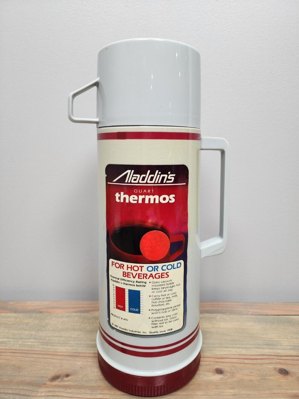 Vintage 1987 Aladdin's Quart Thermos gray with Burgundy stripe NOS